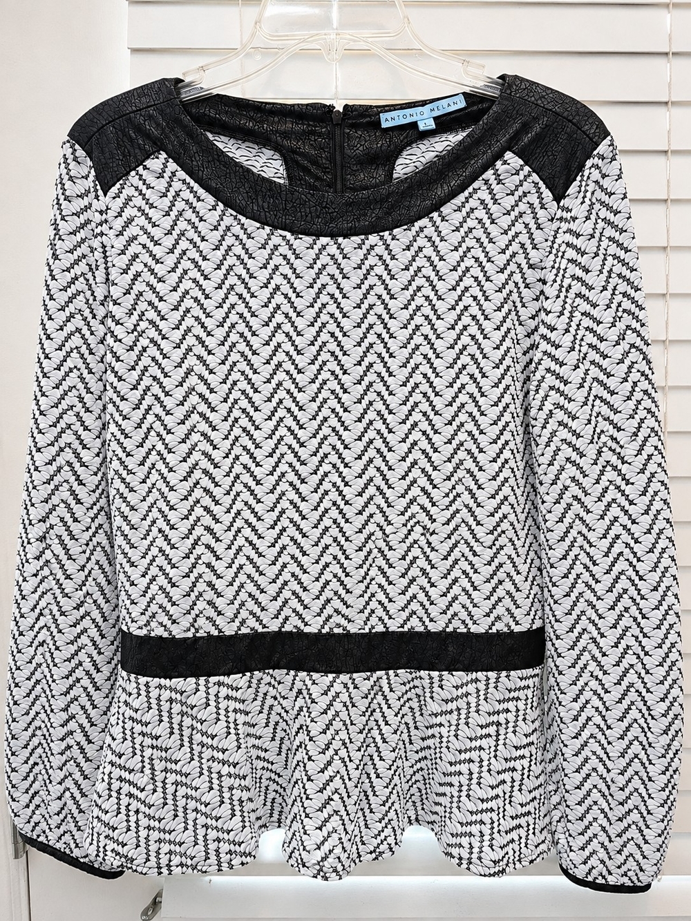 ANTONIO MELANI Black and White Chevron Long-Sleeve Peplum Dress